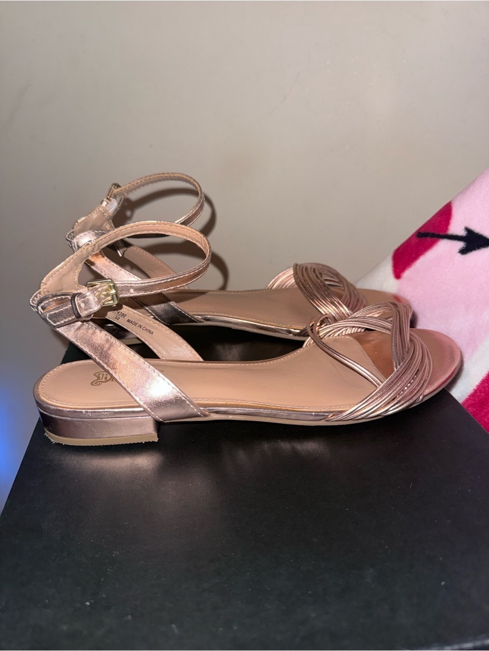 Metallic Rose Gold Strappy Flat Sandals, Size 11 - Picture 5 of 6